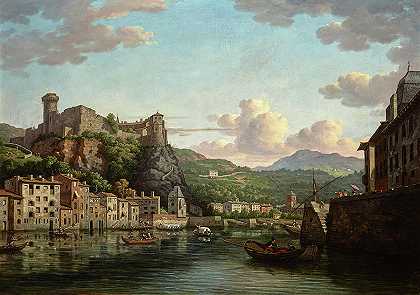 里昂萨翁河畔的皮埃尔·西泽城堡`A View of the Chateau de Pierre Scize on the river Saone at Lyon by William Marlow