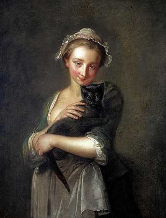 1750年，一个抱着猫的女孩`A Girl Holding a Cat, 1750 by Philippe Mercier