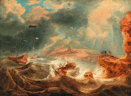 岩石海岸附近的海难`A Shipwreck Off A Rocky Coast by Jan Peeters