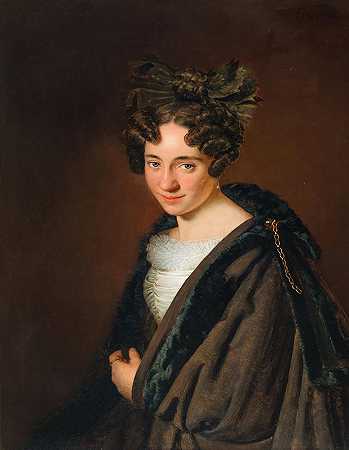 一位头发上戴着黑色蝴蝶结的年轻女士的肖像`Portrait of a Young Lady with a Black Bow in her Hair (1831) by Anton Einsle