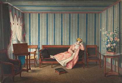 一个穿着粉红色衣服的女人斜倚在一只金丝雀上`Woman in Pink Reclining on a Canape (1819) by Theodore Lebrun