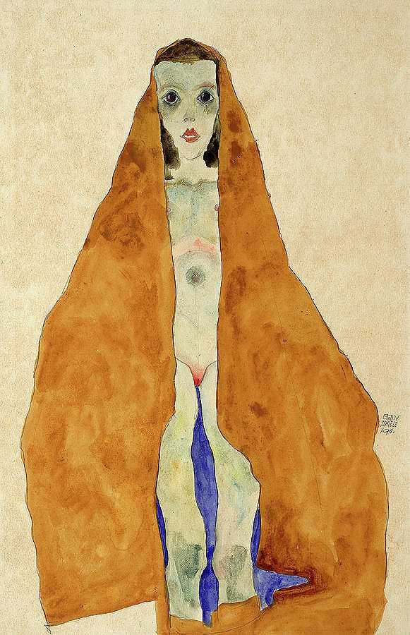 穿着赭色衣服的年轻裸体女孩，1911年`Young Nude Girl in Ochre Cloth, 1911 by Egon Schiele