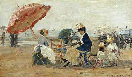 特鲁维尔海滩，1884年`The Beach at Trouville, 1884 by Eugene Louis Boudin