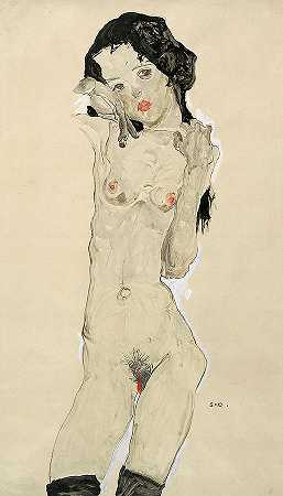 黑发裸体女孩，站立，1910年`Black-Haired Nude Girl, Standing, 1910 by Egon Schiele