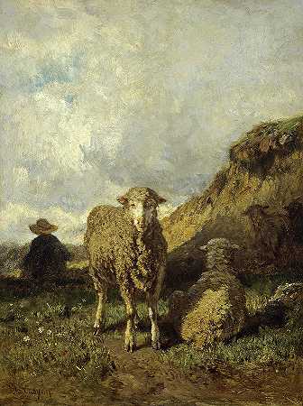 牧羊人`Sheep and Shepherd by Constant Troyon
