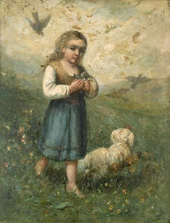 带着鸟和狗的孩子`Child with Birds and Dog (1882) by Edward Mitchell Bannister