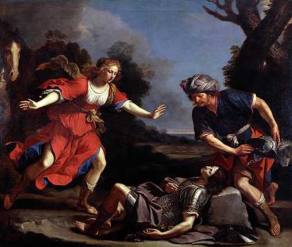 埃尔米尼亚找到受伤的坦克雷德，1650年`Erminia Finding the Wounded Tancred, 1650 by Guercino