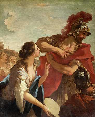 1713年，耶弗他从战场上归来，迎接他的是他的女儿`Jephthah returning from Battle is greeted by his Daughter, 1713 by Giovanni Antonio Pellegrini