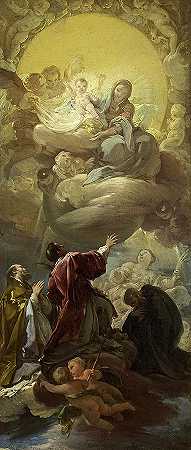 1766年，圣史蒂芬和其他三位圣徒面前出现的《荣耀中的麦当娜和孩子》`Madonna and Child in Glory appearing to St Stephen and three other Saints, 1766 by Corrado Giaquinto