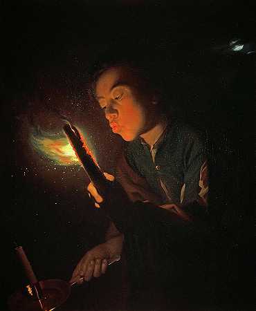 1698年，一个男孩吹火点蜡烛`A Boy Blowing on a Firebrand to Light a Candle, 1698 by Godfried Schalcken