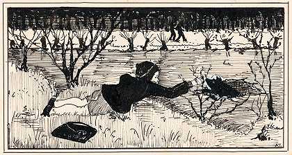 女孩试图救狗不被吵醒`Meisje probeert hond te redden uit wak (1925) by A. Tinbergen