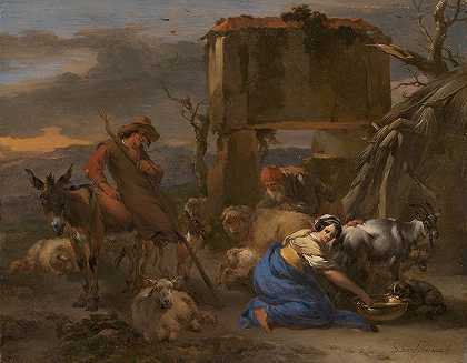 一个牧羊女给山羊挤奶的田园场景`Pastoral Scene with a Shepherdess Milking a Goat (1665~70) by Nicolaes Pietersz. Berchem