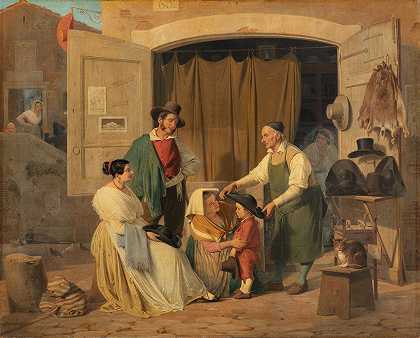 罗马农民为他们的小儿子买了一顶帽子，他将成为一名牧师`Roman Peasants Buying A Hat For Their Little Son, Who Is To Be An Abbate (1840) by Albert Küchler