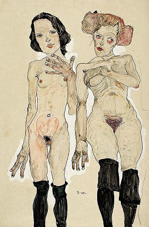 两个穿着黑色长袜的裸体女孩，1910年`Two Naked Girls with Black Stockings, 1910 by Egon Schiele