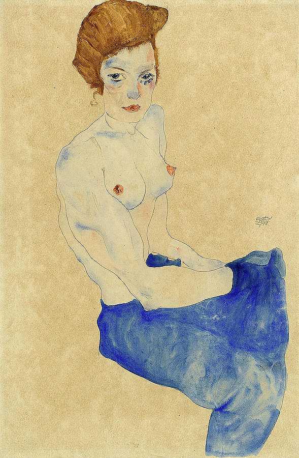 坐着的年轻女子，半裸着蓝色裙子，1911年`Sitting Young Woman, Half Nude With Blue Skirt, 1911 by Egon Schiele