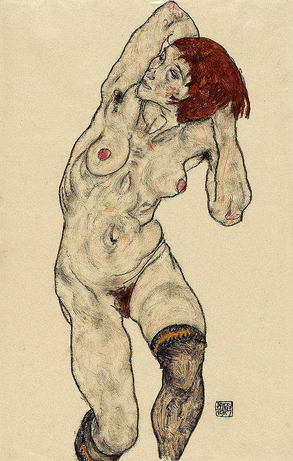穿着黑色长袜的裸体，1917年`Nude in Black Stockings, 1917 by Egon Schiele