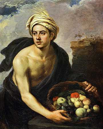 一个拿着一篮水果的年轻人，1650年`A Young Man with a Basket of Fruit, 1650 by Bartolome Esteban Murillo