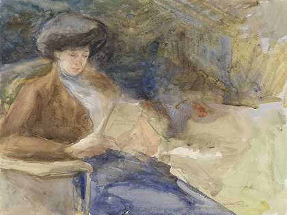 坐着看书的女人`Zittende lezende vrouw (1865 ~ 1913) by Bramine Hubrecht