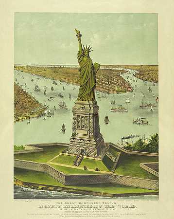 伟大的巴托尔迪雕像，《自由启迪世界》，1885年`The great Bartholdi statue, liberty enlightening the world, 1885 by Currier and Ives