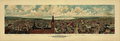 威斯康星州密尔沃基全景。摘自1898年的市政厅大楼`Panoramic view of Milwaukee, Wis. Taken from City Hall tower, 1898 by The Gugler Lithographic