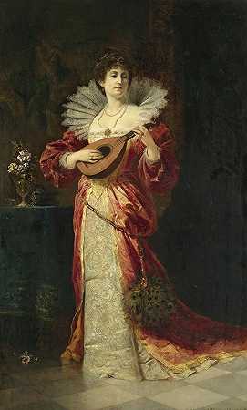 琵琶夫人`Lady with lute (1877) by Ferdinand Wagner Jnr.