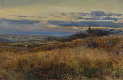 日落时的玉米地`Cornfield at sunset by John William Inchbold