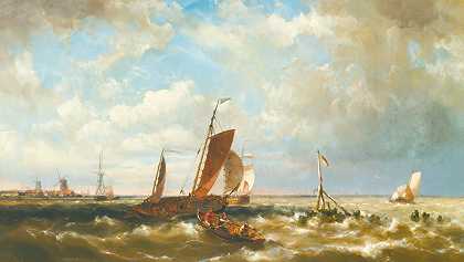 港湾航运，背景是风车`Shipping In An Estuary, With Windmills In The Background (1864) by Hermanus Koekkoek the Younger