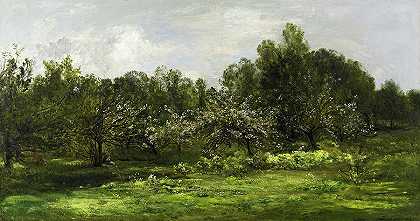 《盛开的果园》，1874年`Orchard in Blossom, 1874 by Charles-Francois Daubigny