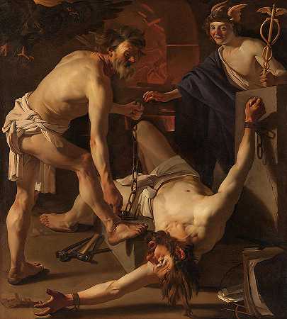 1623年，普罗米修斯被火神锁住`Prometheus Being Chained by Vulcan, 1623 by Dirck van Baburen