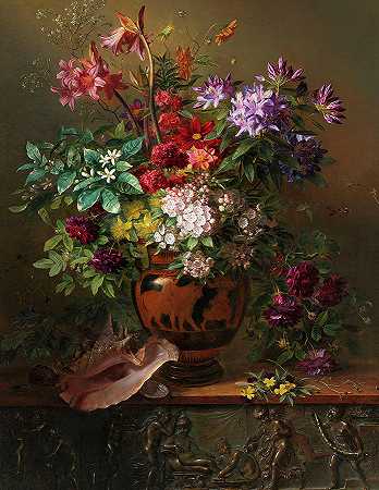 1817年，希腊花瓶中的花卉静物寓言《春天》`Still Life with Flowers in a Greek Vase Allegory of Spring, 1817 by Georgius Jacobus Johannes van Os