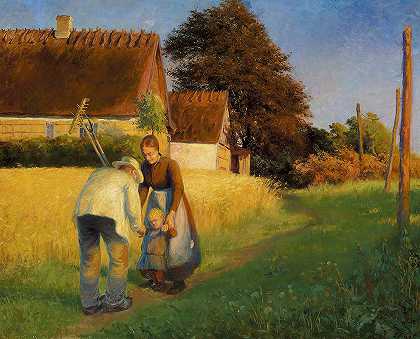 一个小女孩向归来的收割者致意`En lille pige hilser på en hjemvendende høstarbejder (1899) by Cilius Andersen