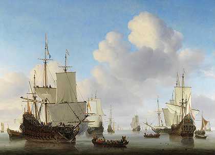 1665年，平静海面上的荷兰船只`Dutch Ships in a Calm Sea, 1665 by Willem van de Velde