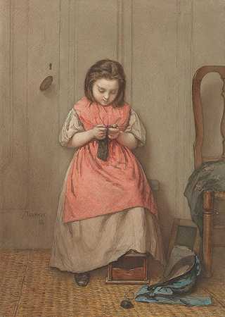 针织女孩的室内设计`Interieur met breiend meisje (1868) by Jacob Taanman