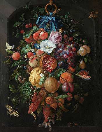 水果和花朵的花环，1670年`Festoon of Fruit and Flowers, 1670 by Jan Davidsz de Heem