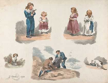 对儿童、狗、猫等的研究。`Studies of Children, a Dog, a Cat, etc. (1791~1795) by George Morland