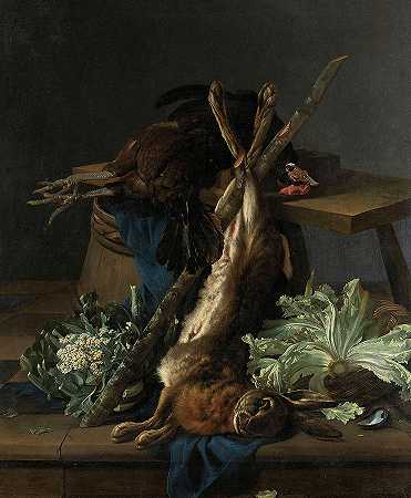 《兔子和黑公鸡的静物》，1659年`Still Life with Hare and a Black Rooster, 1659 by Cornelis Lelienbergh