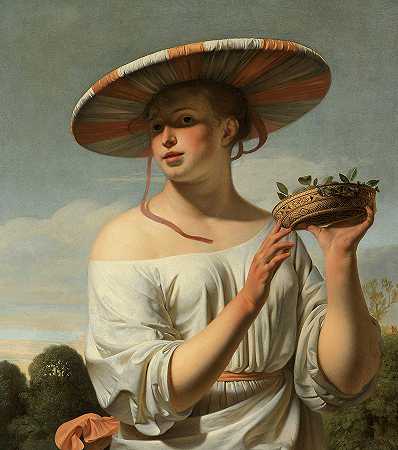 戴大帽子的女孩`Girl in a Large Hat by Caesar Boethius van Everdingen