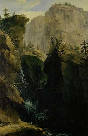 瀑布峡谷`Canyon with Waterfall (1775) by Caspar Wolf