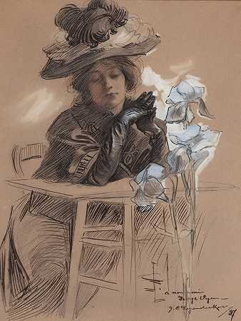戴着优雅帽子的女士`Seated Lady with Elegant Hat (1897) by J.C. Leyendecker