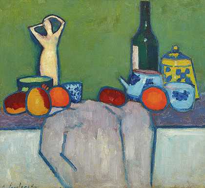 《水果、人物和瓶子的静物》，1907年`Still-Life with Fruit, Figure and Bottle, 1907 by Alexej von Jawlensky
