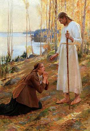 1890年，芬兰传说中的基督和玛丽·抹大拉`Christ and Mary Magdalene, a Finnish Legend, 1890 by Albert Edelfelt