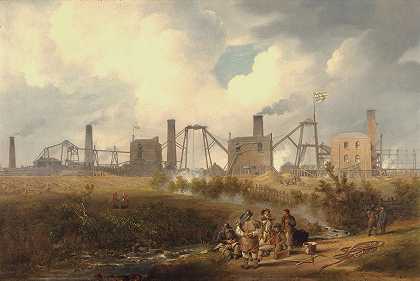 达勒姆郡西厄姆附近的默顿煤矿景观`A View of Murton Colliery near Seaham, County Durham by John Wilson Carmichael