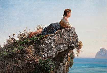 索伦托岩石上的女孩`La Fanciulla Sulla Roccia A Sorrento (1871) by Filippo Palizzi