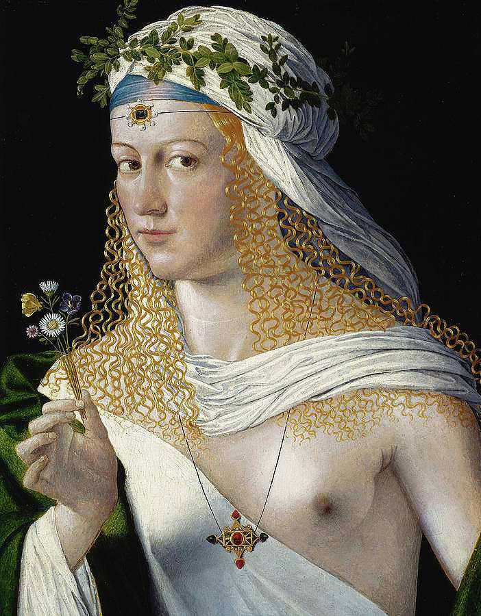 大约1520年，一位年轻女子的理想肖像是弗洛拉`Ideal Portrait of a Young Woman as Flora, circa 1520 by Bartolomeo Veneto