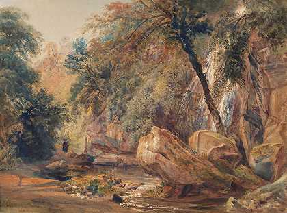 獾厅丁格尔瀑布`Waterfall in the Dingle at Badger Hall (probably 1841) by Peter De Wint