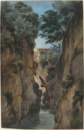 峡谷中瀑布的景色`View of a Waterfall through a Ravine by Achille Etna Michallon