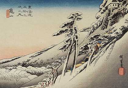朝圣者登上白雪覆盖的山坡，向山顶的寺庙进发`Pilgrims Ascending Snow – Covered Hillside Toward Temple at Summit by Utagawa Hiroshige