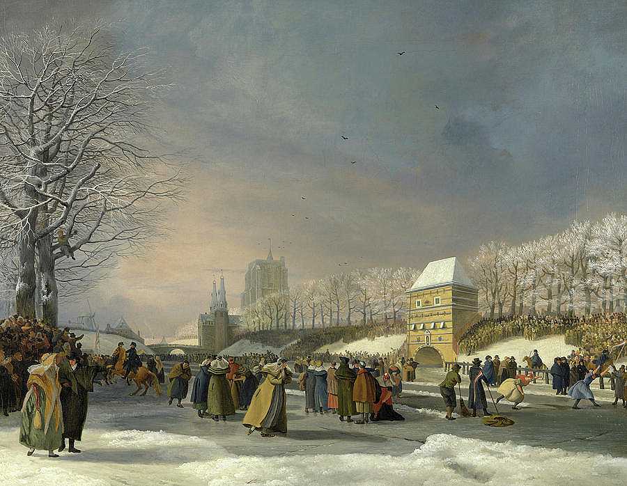 女子滑冰比赛于1809年1月21日在Leeuwarden的Stadsgracht举行`Womens Skating Competition on the Stadsgracht in Leeuwarden, 21 January 1809 by Nicolaas Baur