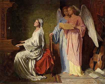 1886年，圣塞西莉亚在天使的陪伴下演奏`St Cecilia Playing Accompanied by Angels, 1886 by Simon Glucklich