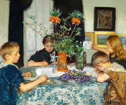 布隆斯特男性论坛`Børn, der male Foraarsblomster (1894) by Viggo Johansen